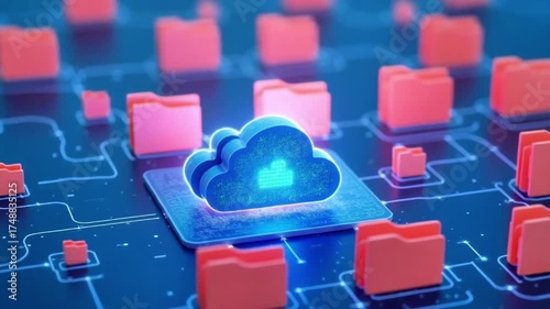 Secure cloud storage visualized with colorful folders orbiting a central protected server, illustrating modern digital data management and network security solutions