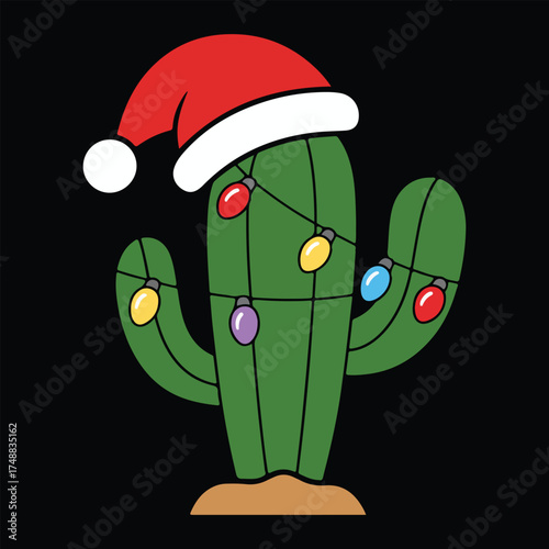 Cartoon Cactus in Santa Hat Decorated with Colorful Christmas Lights 