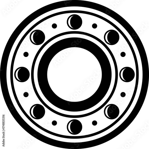 Silhouette Vector of Ball bearing. Solid black ball bearing with many small metal balls. Ball Bearing Icon symbol. Circular round rotating bearings used in industry for mechanical work. 