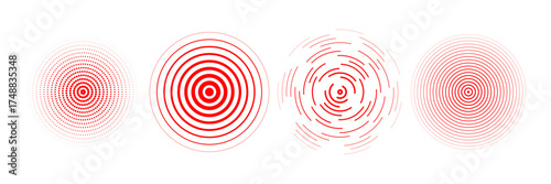 Red radial concentric circle set. Rippled, dashed and dotted rings pack for epicenter, target, radar, earthquake shockwave. Sound wave signal collection. Vector expansive vibration elements