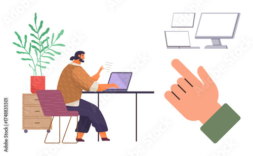 Woman working at desk, laptop and plant, interacting with technology. Ideal for productivity, remote work, focus, multitasking, digital creativity, office culture simple flat metaphor
