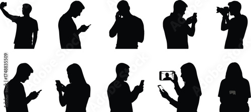 Mobile phone silhouettes, smartphone users, selfie, photography, camera use, digital lifestyle, modern technology, communication, social media, urban people, tech habits