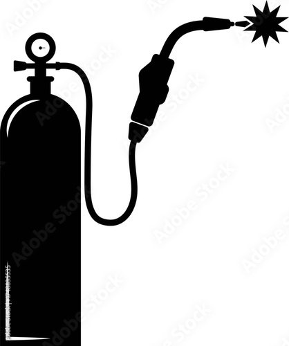Silhouette of gas welding or cutting apparatus. Welding gas bottles and oxy acetylene cutting torch - gas tank and burner, welding gear. Isolate gas welding equipment on white background. 