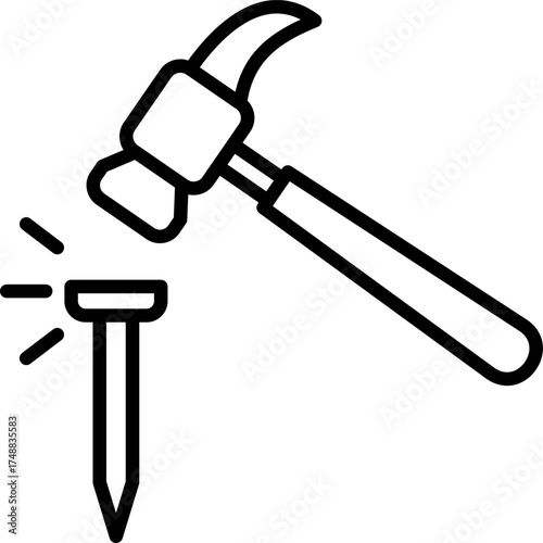 Line art vector of hammer pushing a nail. Outline of Hammer hitting a nail squarely on the head. Icon of Nail Hammered. Claw Hammer striking a nail with force and motion impact lines. 