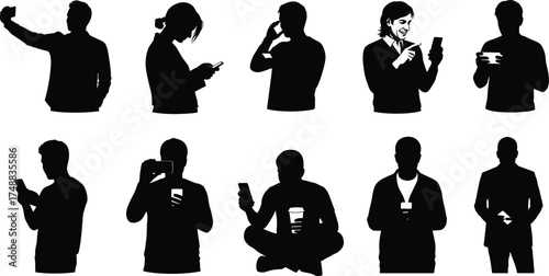 Smartphone users, mobile addiction, digital lifestyle, silhouette people, technology habits, screen time, modern society, phone usage, communication, device interaction, tech culture, mob