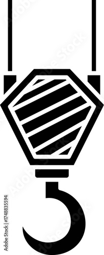 Heavy crane hook silhouette vector. crane hook icon vector illustration. A stark black silhouette of a heavy duty industrial crane hook and shackle assembly against a plain white background