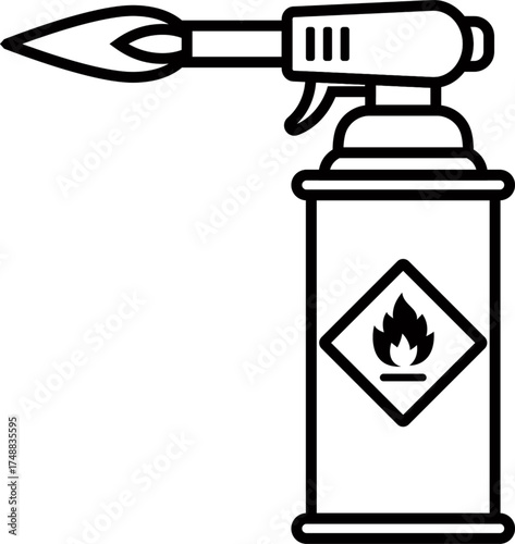 Gas torch bottle outline vector. gas torch bottle icon vector illustration design template. Blowtorch with flame isolated on white background. Manual gas torch burner, Welding flame tool icon. 
