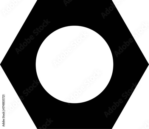 Silhouette vector of mechanical Nut on white background. Black and white illustration of a hexagonal nut with concentric circles. 