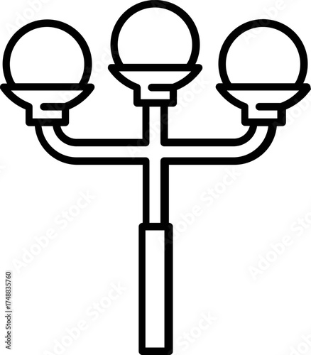 vector illustration of a three light street lamp. Park Lamp. Three ornate post light fixtures classic outdoor illumination elements architectural decor. 
