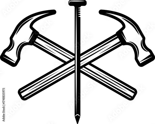 Cross hammer and nail. Two crossed claw hammers and a nail isolated on transparent background, tools for construction. 