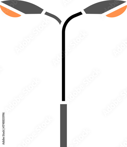 Vector illustration of Double Light Street Lamp. Double armed street lamppost on white. Outline of  Double headed street lamp post. Icon of Double street light pole with two illuminated lamps