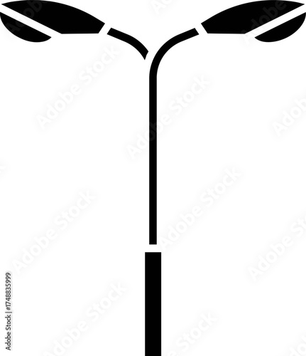 Double armed street lamppost silhouette vector. Icon of Double Light Street Lamp. Vector of Double headed street lamp post. Solid black Double street light pole with two illuminated lamps
