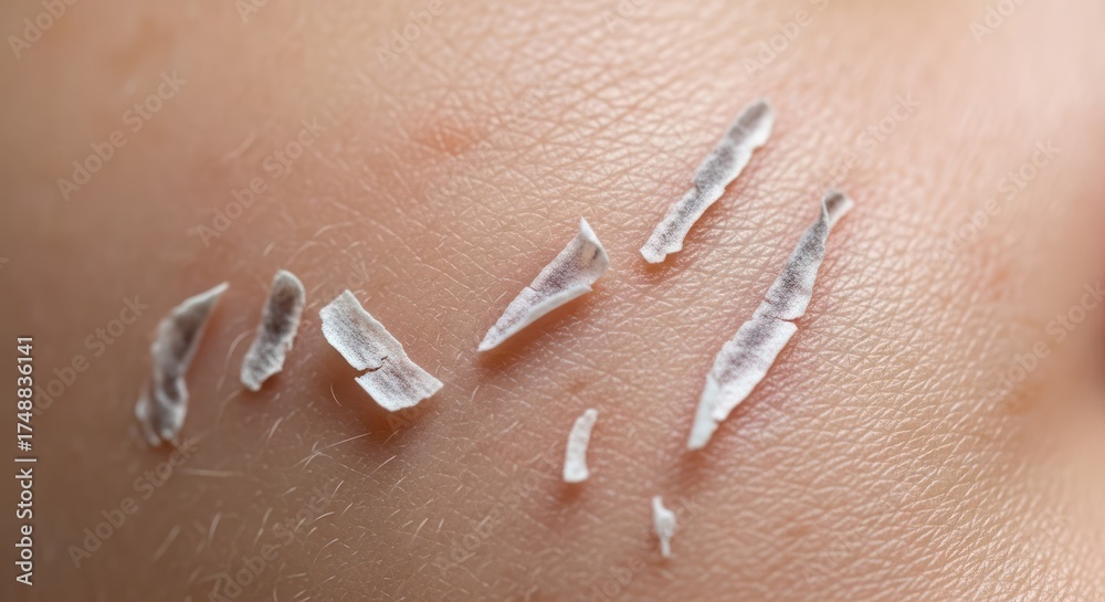 Fototapeta premium Translucent Flakes of Peeling Skin on a Sunburned Surface in Macro Detail.