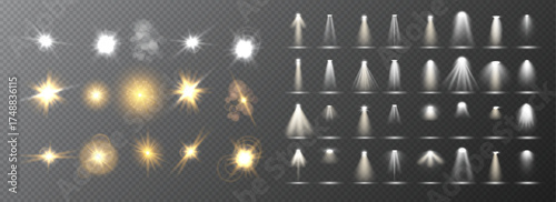 Set of lighting effects effect, beam, sparkle, line, glow, white. Glow abstract isolated curve lens of light effects. Lens flare, explosion, sparkle, line, vortex ray, sparks and stars, spotlight