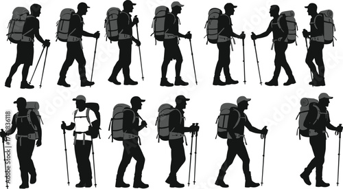 Hiking silhouettes, trekking gear, outdoor adventure, backpack travelers, mountain hikers, walking poses, camping equipment, nature exploration, wilderness journey, active lifestyle
