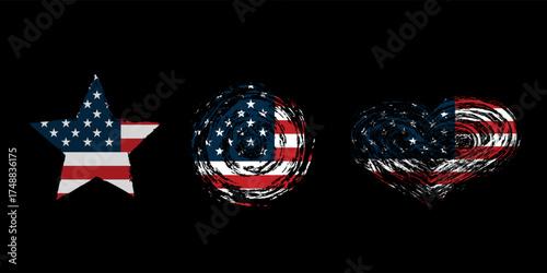 Set Grunge USA Flag. American flag brush paint texture. Distressed US symbol, United States flag Vector Illustration for Celebration Holiday star and stripes