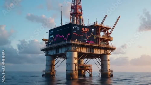 Oil rig with digital display showing oil price graph. 4k video
