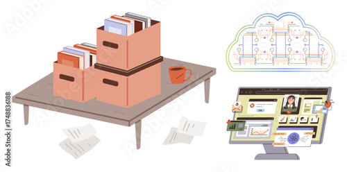 Boxes of documents on a table symbolize traditional filing systems, while a computer screen and cloud outline represent digital data storage and workflow. Ideal for organization, digitization, cloud