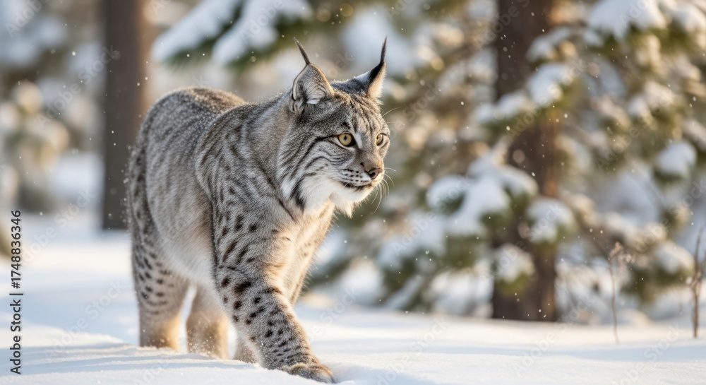 Fototapeta premium Majestic Lynx Strolling Through a Snow-Covered Winter Forest, Focused Gaze.