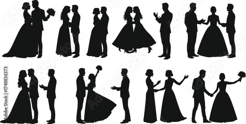 Wedding couple silhouette, romantic pose, bride and groom, formal attire, love moment, dance, embrace, elegant style, black vector art