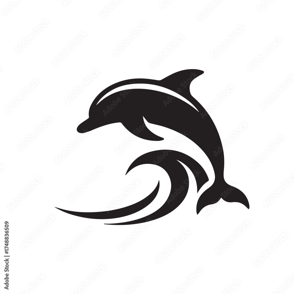 Fototapeta premium Black and White Dolphin Jumping Over Ocean Wave Logo Silhouette
