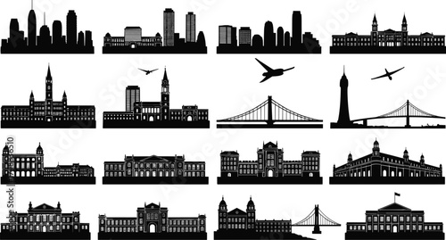 City skylines, architectural silhouettes, historic buildings, urban landmarks, suspension bridges, government structures, black vector icons, travel, tourism, illustration, skyline art, 