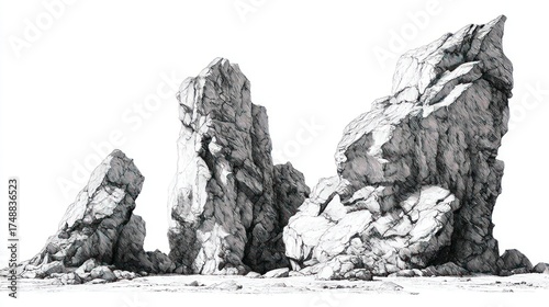 Detailed illustration depicts jagged, weathered rock formations against a stark white backdrop