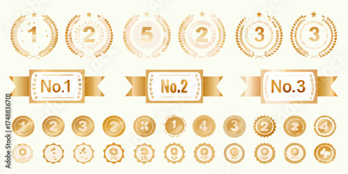 Collection of golden laurel wreaths ribbons and medals with numbers for awards and competition