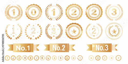 Collection of golden award badges and ribbons featuring numbers one two and three for recognition and achievement