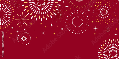 Festive red background with a variety of white and gold abstract fireworks and sparkling stars