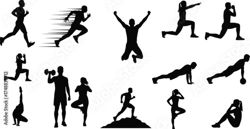 Fitness, workout, exercise, training, yoga, strength, cardio, silhouette, athlete, gym, health, active, motion, pose, balance, flexibility, endurance, bodyweight, wellness, lifestyle
