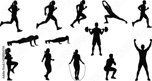 Fitness, workout, exercise, running, push-up, squat, stretching, barbell, jump rope, high knees, gym, training, silhouette, active, cardio, strength, healthy lifestyle, sports, physical activit