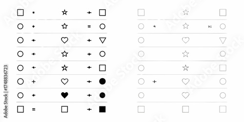 Abstract geometric shapes and symbols arranged in rows with mathematical operators and variations