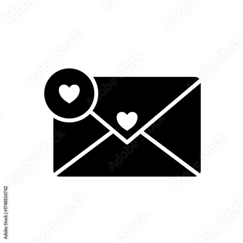 A black and white illustration of an envelope with two hearts, one on the flap and one in a notification bubble.