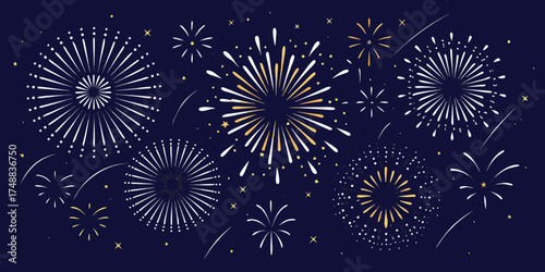 Festive celebration with exploding fireworks and sparkling stars on a dark blue background