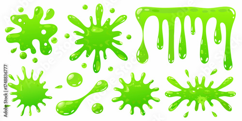 Collection of vibrant green slime splatters drips and blobs with glossy texture