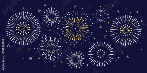 Festive fireworks display with white and gold bursts against a dark blue night sky background