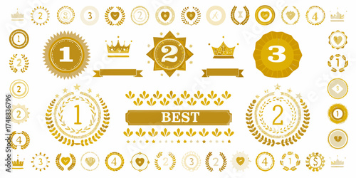 Collection of golden awards ribbons crowns and laurels celebrating first second and third place achievements