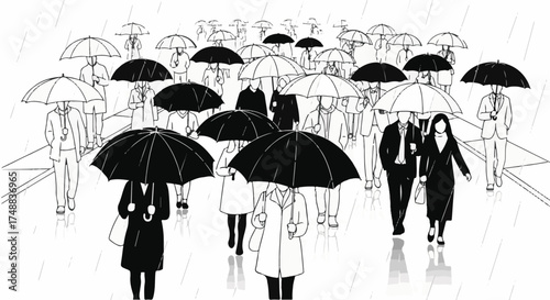 Monochrome Vector Illustration of People with Umbrellas in the Rain