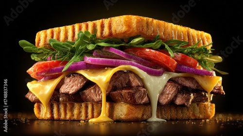 A gourmet sandwich with steak, cheese, tomato, onion, and greens, on toasted bread, black background