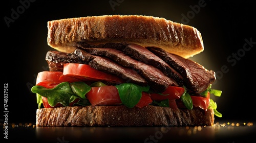 Close-up, artful studio shot of a stacked sandwich with grilled meat, tomatoes, and greens