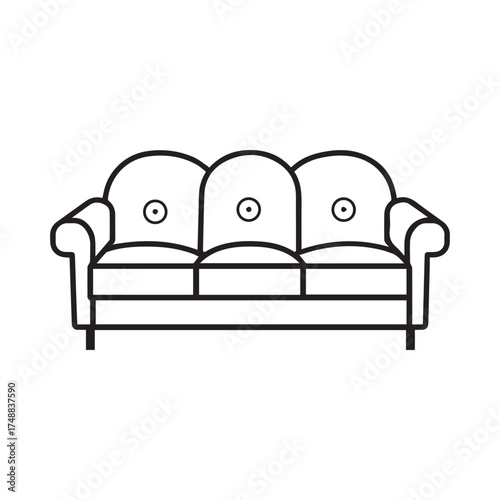 Black outlined sofa with three seat cushions is shown against a white background