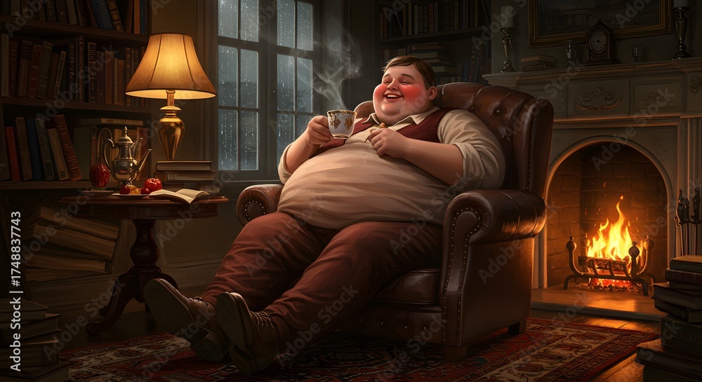 Obraz premium Happy Young Man Sitting in Cozy Living Room Near Fireplace Enjoying Hot Beverage