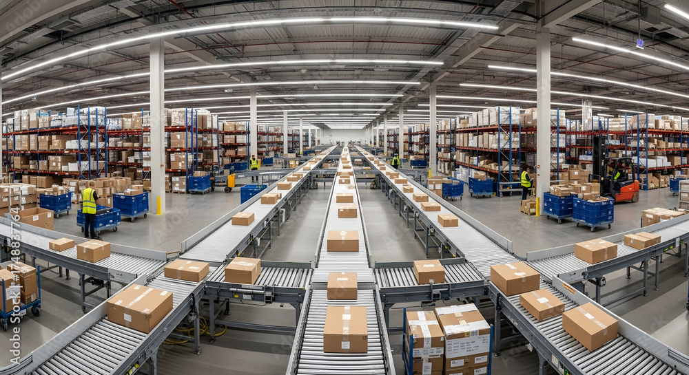 Fototapeta premium Warehouse Order Fulfillment: Conveyor belts weave through a massive warehouse, efficiently transporting packages amidst towering shelves. The space bustles with activity.