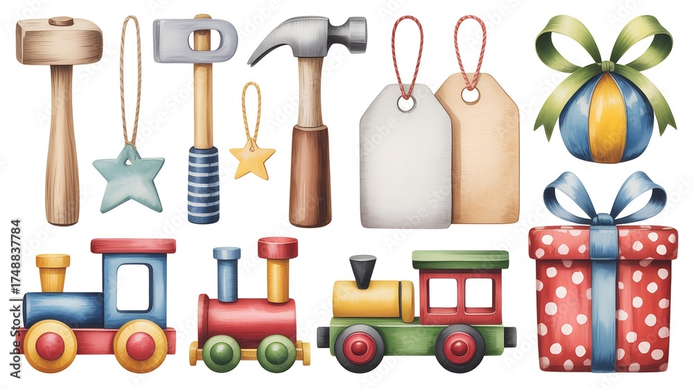 Fototapeta premium Toy Trains Hammers Gift Tags and Ornaments present.