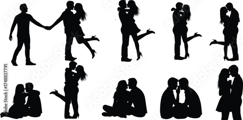 Romantic couple silhouette, love pose collection, affectionate gestures, relationship moments, black and white art, emotional intimacy, Valentine concept, stock illustration