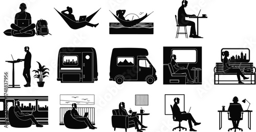Remote work silhouettes, digital nomad lifestyle, laptop users in nature, van life, home office, flexible workspace, travel work scenes, productivity