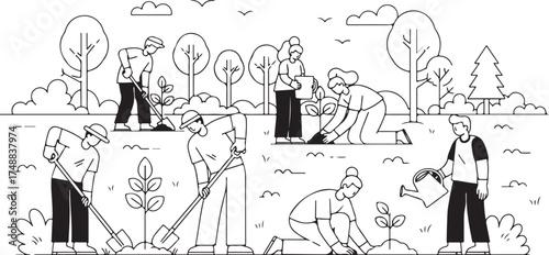 Minimalist Line Art Illustration of People Actively Planting and Watering Trees