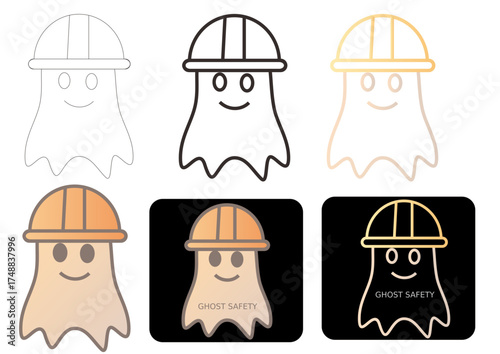 A versatile collection of cute ghost mascot icons wearing safety hard hats, perfect for construction or industrial branding logos