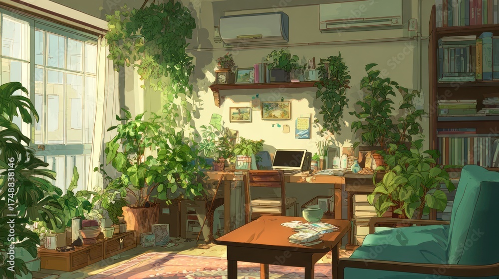Fototapeta premium Interior scene of a sunlit, plant-filled room with a desk, bookshelf, and a comfortable chair
